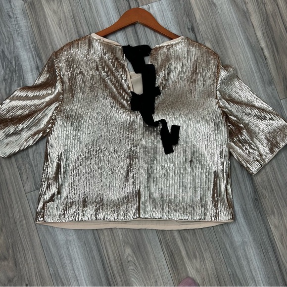 NWT J.crew Bianca rose gold Sequined crepe Top size 10 Black ribbon Bow back - Picture 11 of 16